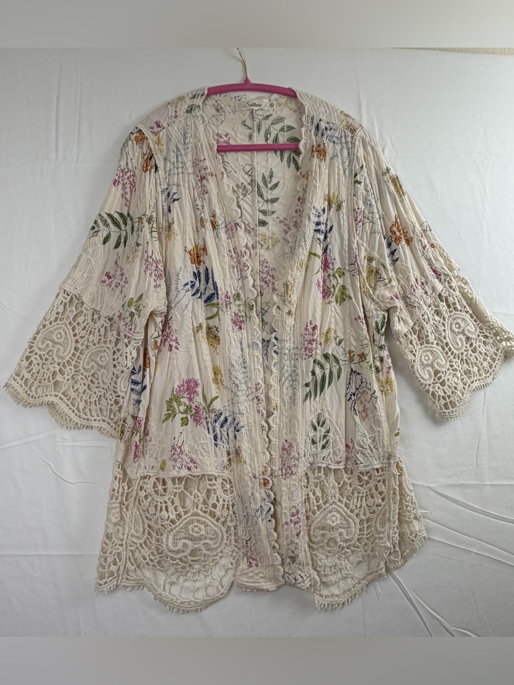 Solitaire Womens 2X Cream Floral Crochet Trim Open Front Kimono Cardigan Wrap